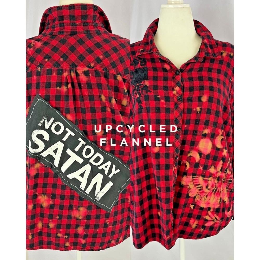 Not Today Satan UPCYCLED Vintage Flannel 2X Embroidered Rose Goth Rockabilly Emo
